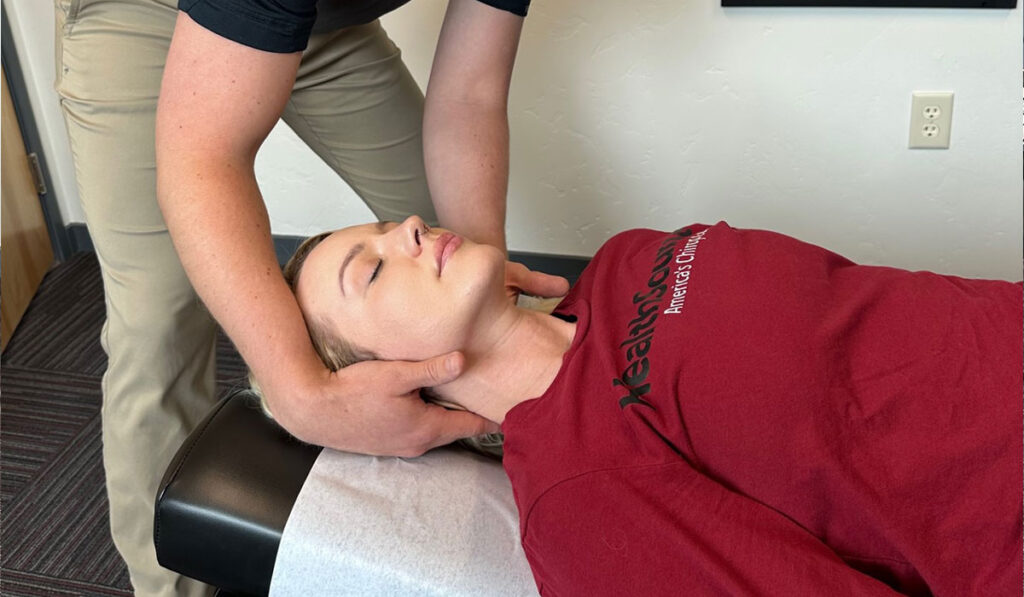 A chiropractic patient being evaluated by Dr. Kurt Slonaker at HealthSource of Meridian